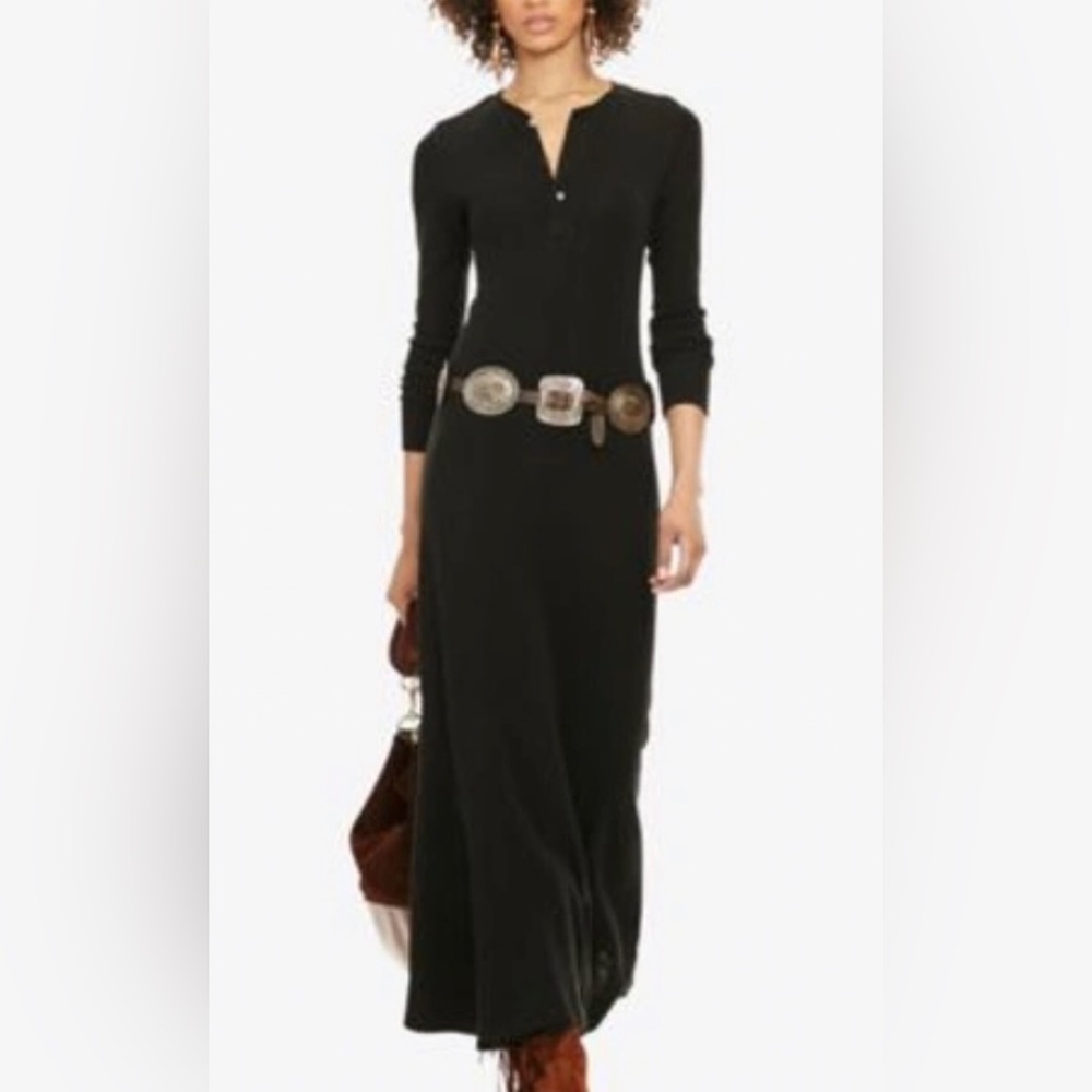 Ralph Lauren Classic Henley Black Cotton Maxi Knit - Size Med Western Equestrian